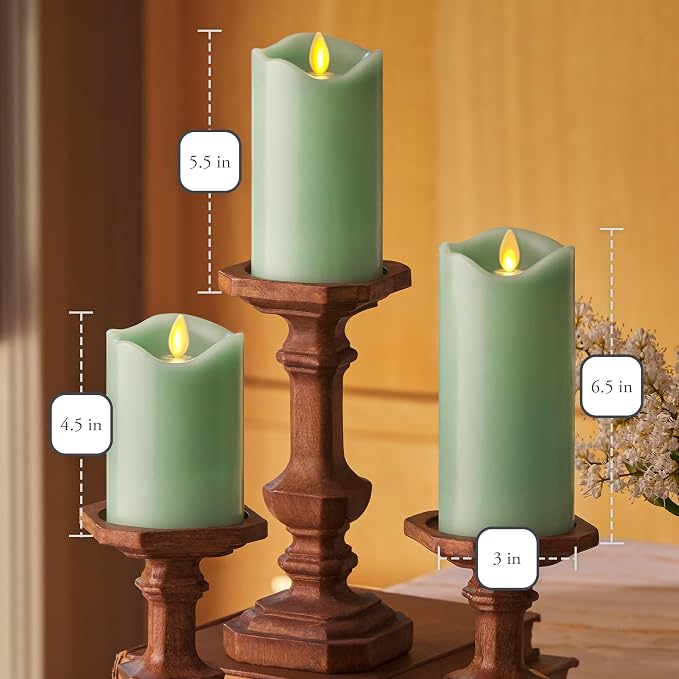 Matchless Candle Co. by Luminara Set of 3 (3" x 4.5",5.5",6.5") Flameless LED Flickering Battery Candle Moving Flame Pillar, Melted Edge, Real Wax Smooth Finish (Pastel Green)