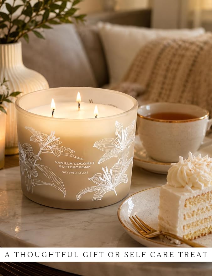 Vanilla Coconut Buttercream Candle | Large 3 Wick Scented Soy Candle for Home | 14.5oz Vanilla Coconut Aromatherapy Candle | Vanilla Cupcake Candle | Long Lasting Clean Burn | Gift for Women & Men