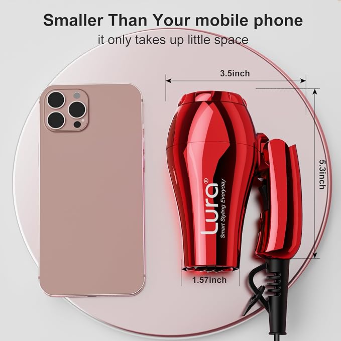 LURA Mini Portable Travel Hair Dryer:Dual Voltage Small Lightweight Blow Dryer with EU Plug,1200W Compact Hairdryer with Folding Handle,with Concentrator&Diffuser Attachment,for Women and Men(Red)