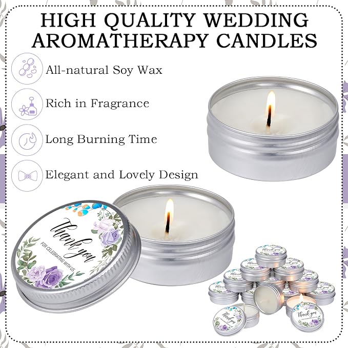 MTLEE 50 Pcs Purple Floral Wedding Candles Gift Favors for Guests 1 Oz Lavender Scented Soy Wax Aromatherapy Candle Favors for Bridal Shower Rustic Wedding Party Guests(Purple Flowers)