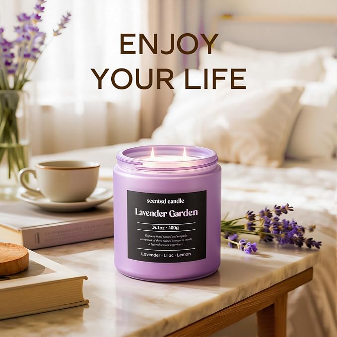 CHILLFLAME Lavender Candle, 14.1 oz Scented Candles for Home, 2 Wicks Blended Scents Aromatherapy Candles for Women and Men, Birthday Gifts for Women (Lavender+Lilac+Lemon)
