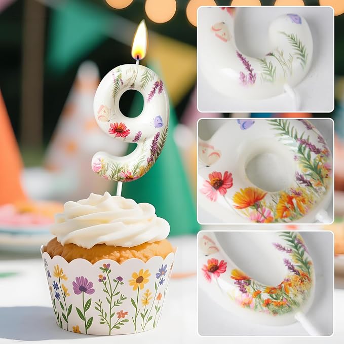 Number 9 Birthday Candle for Cake – Floral Botanical Design with Butterfly Detail – Elegant Cake Topper for Birthday, Garden Party Decoration
