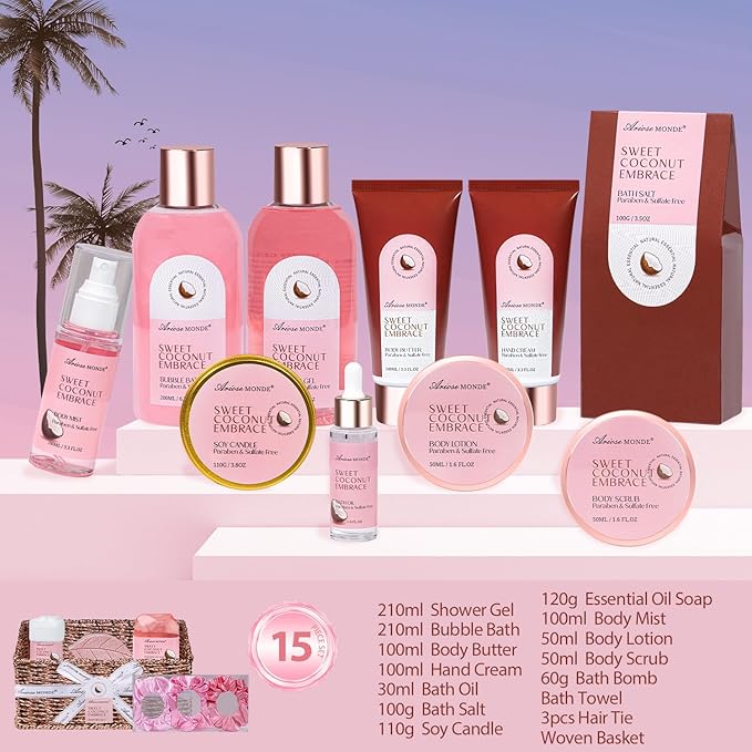 Mother‘s Day Gift Baskets for Women, Spa Gifts for Women, 17pcs Coconut Spa Gift Set with Body Lotion, Bubble Bath, Relaxing Bath Set, Birthday Christmas Gifts for Her, Mom, Wife, Sister