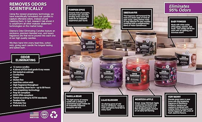 Lavender Odor Eliminating Highly Fragranced Candle - Eliminates 95% of Pet, Smoke, Food, and Other Smells Quickly - Up to 80 Hour Burn time - 12 Ounce Premium Soy Blend