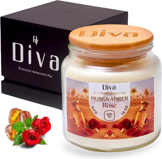 DV DIVA Scented Candle Gift 14oz Rose Amber & Musk - Anniversary, Valentine & Birthday Gift - Luxury Large Soy Wax Candle with Hidden NFC Love Message - Soft Fragrance Home Decor & Relaxing Ambiance