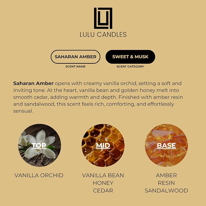Lulu Candles | Sahara Amber Scented Soy Candle | Warm Amber & Vanilla Fragrance | Luxury Jar Candle | Highly Scented Long Lasting Candle | Home Fragrance Gift (9 Oz.)