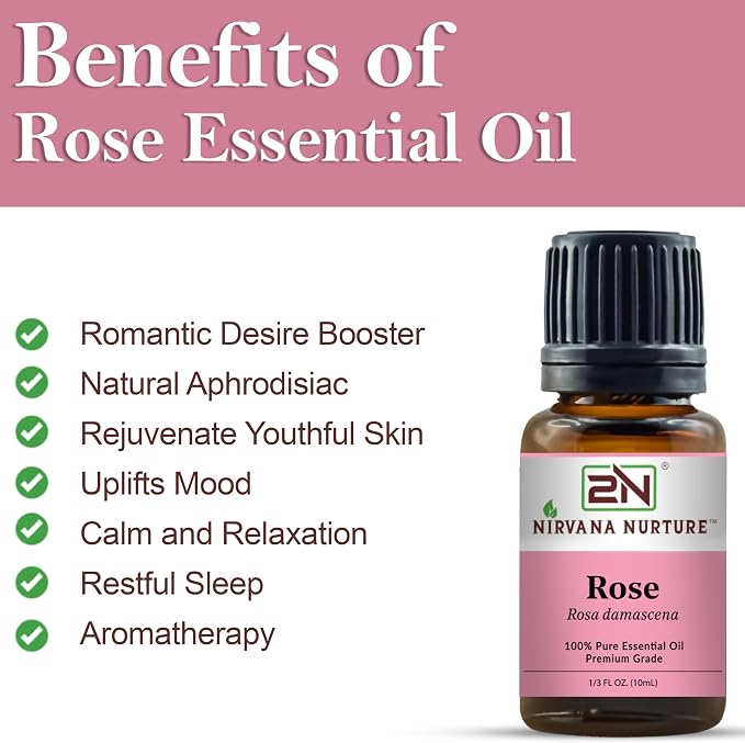 Rose Essential Oil, 100% Pure Undiluted, Aromatherapy Oil for Diffuser, Hair & Skin Care