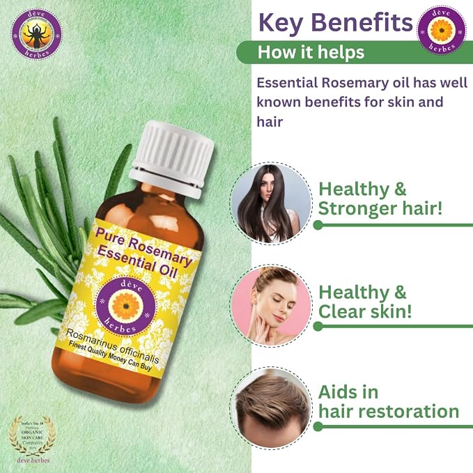 dève herbes Rosemary Essential Oil (Rosmarinus officinalis) Pure | Non-Sticky | Non-Greasy | Lightweight | Men & Women | All Skin Types | Steam Distilled 30ml (1 oz)