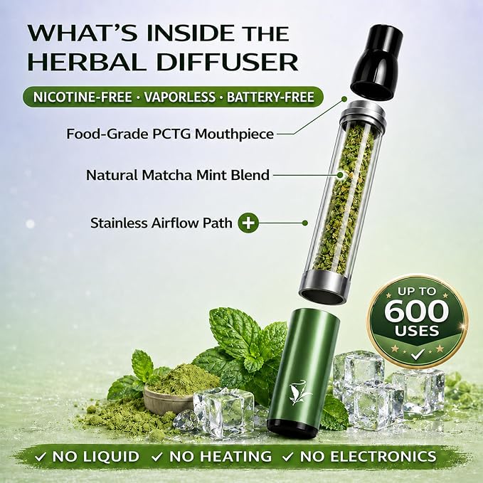 Herbal Diffuser Pen 2 Pack, Macha Green Tea & Mint Personal Aroma Stick, Portable Scent Stick with PCTG Tip & 304 Stainless Steel Tube, Pocket Fresh Aroma Pen for Office, Travel, Gym & Daily Use