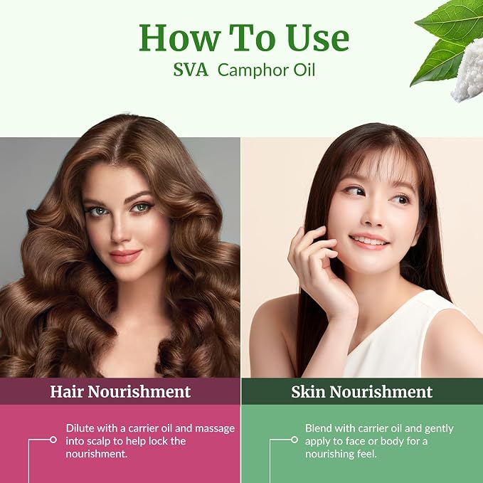 SVA Camphor Essential Oil – 32 Fl Oz – 100% Natural Camphor Oil - for Diffuser, Hair Care, Face, Skin Care, Aromatherapy, Scalp and Body Massage, Soap and Candle Making