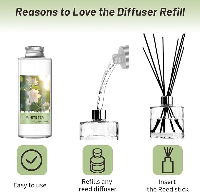 STRN Reed Diffuser Oil Refill, White Tea Scented Diffuser Oil Refills with 6 Reed Sticks 200ML(6.8fl.oz), Room Fresheners Long-Lasting Summer Fragrance for Living Room, Bedroom, Office