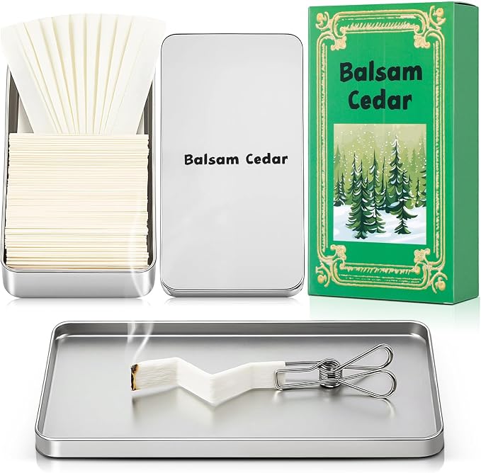 Eaasty Paper Incense Kits - 80 Pcs Burning Paper Incense with Tin Case and Clips - Quick Usage - Eliminating Bathroom, Kitchen Odors - Aromatherapy Gifts for Women(Balsam Cedar)