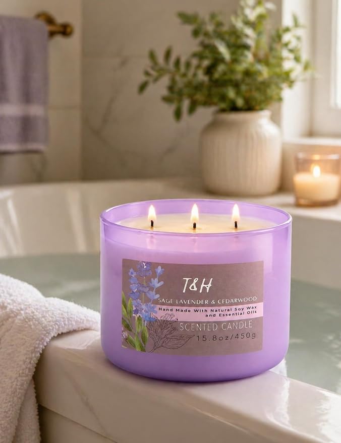 Sage Lavender Cedarwood 3-Wick Soy Candle, 15.8 oz Scented Candle for Home | Eucalyptus & Vanilla Notes, Aromatherapy Stress Relief, Highly Scented, Clean Burn, Bedroom & Bath, Gift for Women & Men