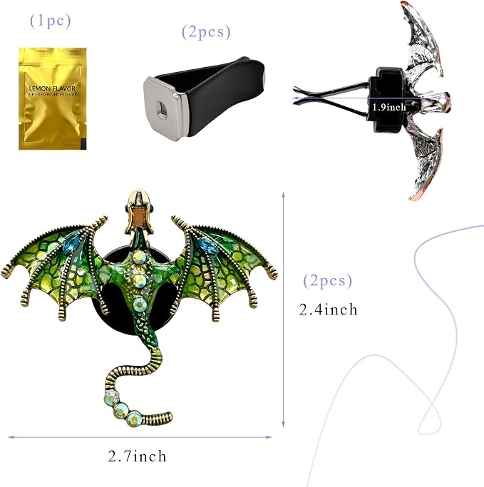 2PCS Bling Wyvern Car Air Freshener Vent Clips, Alloy Enamel Dragon Auto Outlet Clips with Fragrance Tablets, Refillable Cute Flying Dragon Crystal Vent Clip Aroma Diffuser (Green)