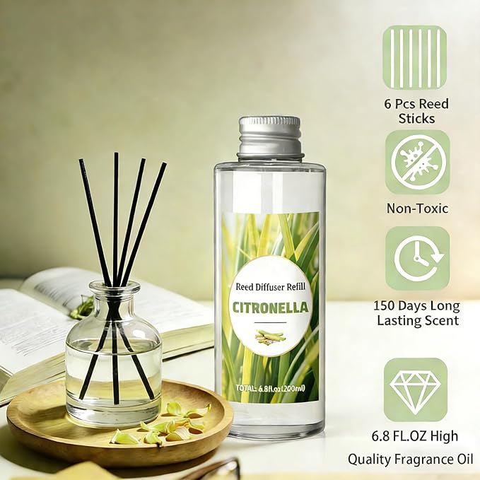 STRN Citronella Reed Diffuser Oil Refill, Lemongrass Scent 200ML(6.8fl.oz) with 6 Sticks, Air Freshener Long-Lasting Aromatherapy Reed Diffuser Set for Summer Home, Bedroom, Spa, Bathroom