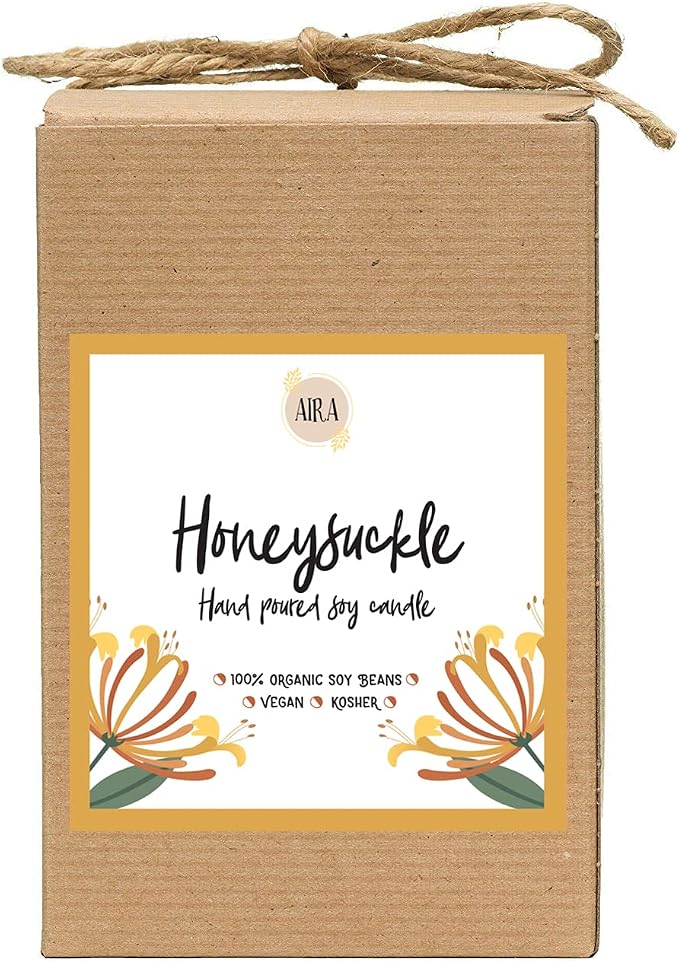 Aira Soy Candles - Organic, Kosher, Vegan Soy Candles w/Therapeutic Grade Essential Oil - Hand-poured w/Pure Soy Candle Wax - Paraffin Free, Burns 110+ Hours - Spring Candle Honeysuckle - 16 Ounces