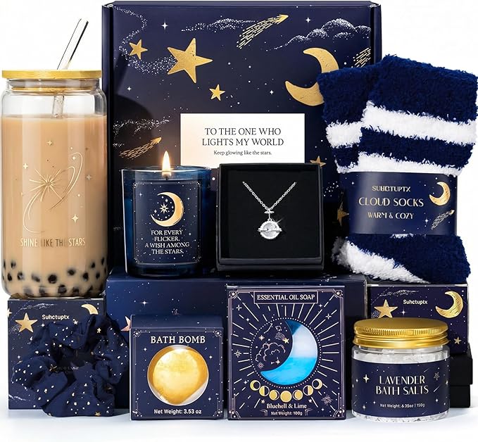 Suhctuptx Birthday Gifts for Women, Mothers Day Gifts for Mom, Starry Sky Spa Gift Basket with Universe Necklace, Self Care Gift Set for Her, Teacher Appreciation Gifts, Wife Sister Friend Boss Lady