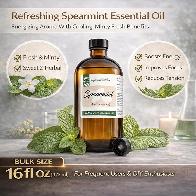 Spearmint Essential Oil – 16 fl oz (473 ml) – 100% Pure & Natural Mentha Spicata – Therapeutic Grade Bulk Essential Oil in Amber Glass Bottle with Dropper – GreenHealth