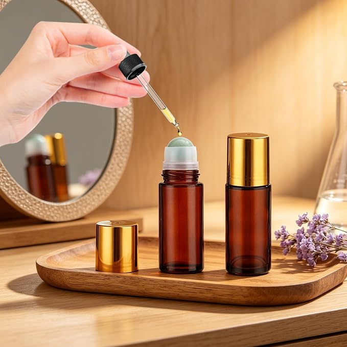 2 Pack 1.7oz Large Amber Glass Roll on Bottles for Essential Oils, Refillable Roller Ball Applicator with Green Crystal Rollerball, Perfume Deodorant Containers, Leak-Proof for Aromatherapy & Skincare