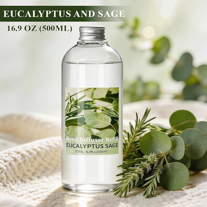 STRN Reed Diffuser Refill, Eucalyptus and Sage Scent Diffuser 500ml | 16.9 oz with 6 Reed Sticks, Room Fresheners for Home, Long-Lasting Summer Fragrance for Living Room, Bedroom, Office