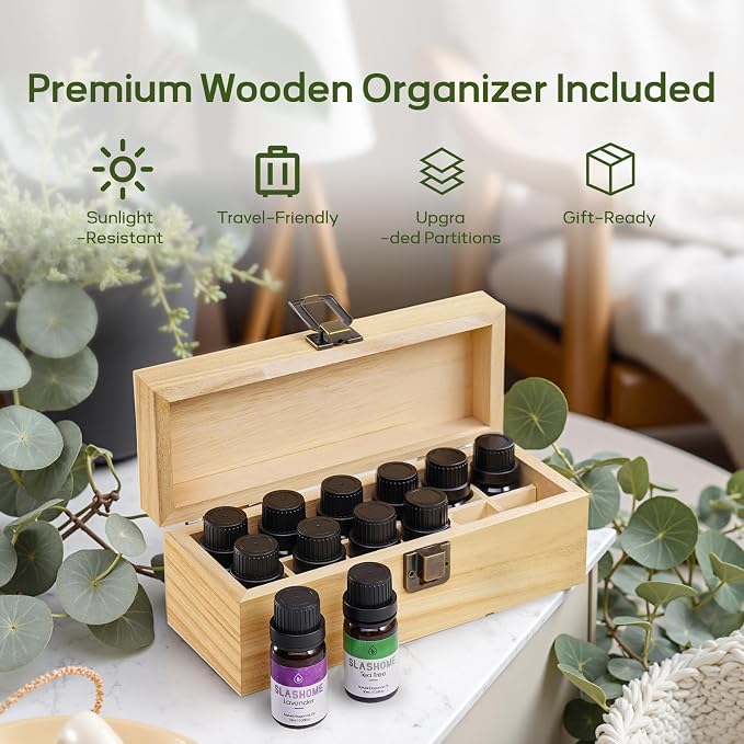 12 Pack Essential Oils for Diffusers for Home - Water Soluble Diffuser Oils Set for Humidifiers & Spa, Scented Oil with Wooden Gift Box for Women - Lavender, Peppermint, Sweet Orange, Tea Tree & More
