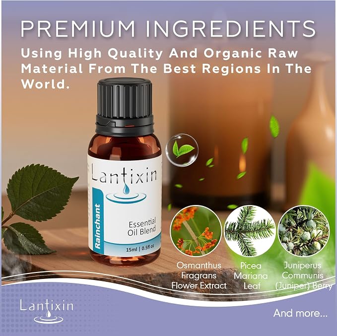Lantixin Essential Oil Blend for Diffuser – Black Spruce & Ylang Ylang in Rosehip Oil – Aromatherapy Blend for Relaxation,Sleep, Spa – for Humidifiers, Home, Hotel – 0.5 Fl Oz (Rainchant Awakening)