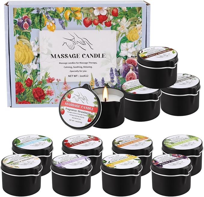 12-Pack Massage Candle Set - Low Temperature Soy Wax Melts into Silky Smooth Massage Oil, 1oz Aromatherapy Candles for Couples, Home Spa, Relaxation & Romantic Gifts (12 Scents)