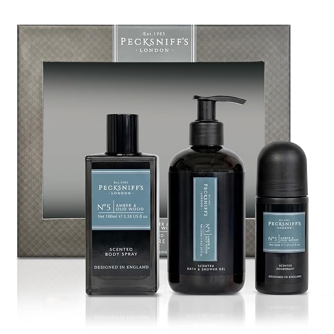 Pecksniff’s Men’s Essentials Body Trio Gift Set – Amber & Oud Wood – Bath & Shower Gel 250ml, Body Spray 100ml, Deodorant 50ml
