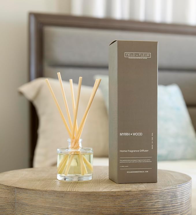 Field + Fleur - Reed Diffuser Set - Home Fragrance Diffuser - Refresh Home, Bedrooms, Bathrooms & More - Notes of Patchouli, Myrrh, Amber & Sandalwood - Made in the USA - Myrrh Wood Scent - 4 oz