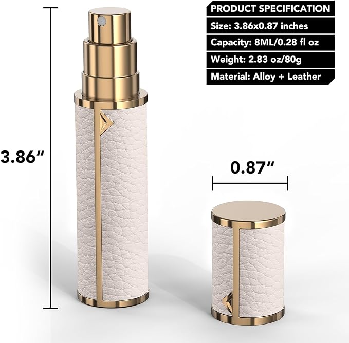 8ML Travel Perfume Refillable Atomizer, Mini Genuine Leather Cologne Sprayer, Protable Pocket Size Empty Fragrance Spray Bottle (White)