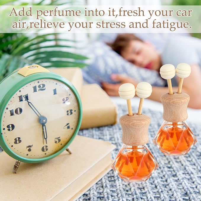 Zubebe 90 Pack 8 ml Diamond Essential Oil Diffuser Bottle Bulk Car Air Freshener Vent Clip Auto Perfume Vent Diffuser for Aromatherapy Fragrance Ornament Decor, Glass Bottle with Wooden Caps Stick