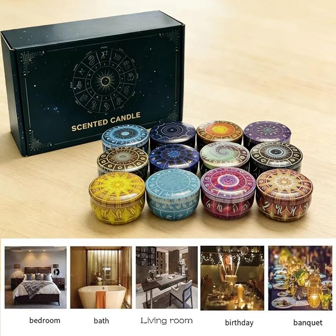 12 Constellations Scented Candles Gift Set, 12 Pack Aromatherapy Candle for Home, Scorpio Candle Birthday Gifts for Women, Long Lasting Soy Wax, Mom Bath Spa Meditation Christmas Gifts Candles