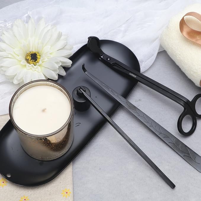 Candle Accessory Set Candle Wick Trimmer Candle Wick Dipper Candle Snuffer Storage Tray 4 Packs Candle Care Kit Gift for Candle Lovers(Black - CAB3)