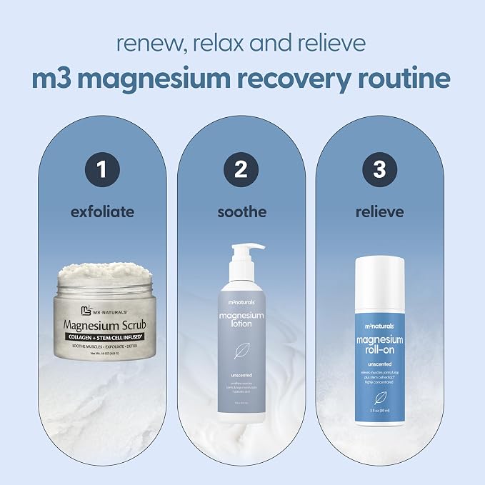 Magnesium Roll On for Adults & Kids, Easy Application for Sore Muscles, Feet, Joints and Leg Cramps, Helps with Sleeping and Post-Workout Recovery, for Sensitive Skin, 3 fl oz, by M3