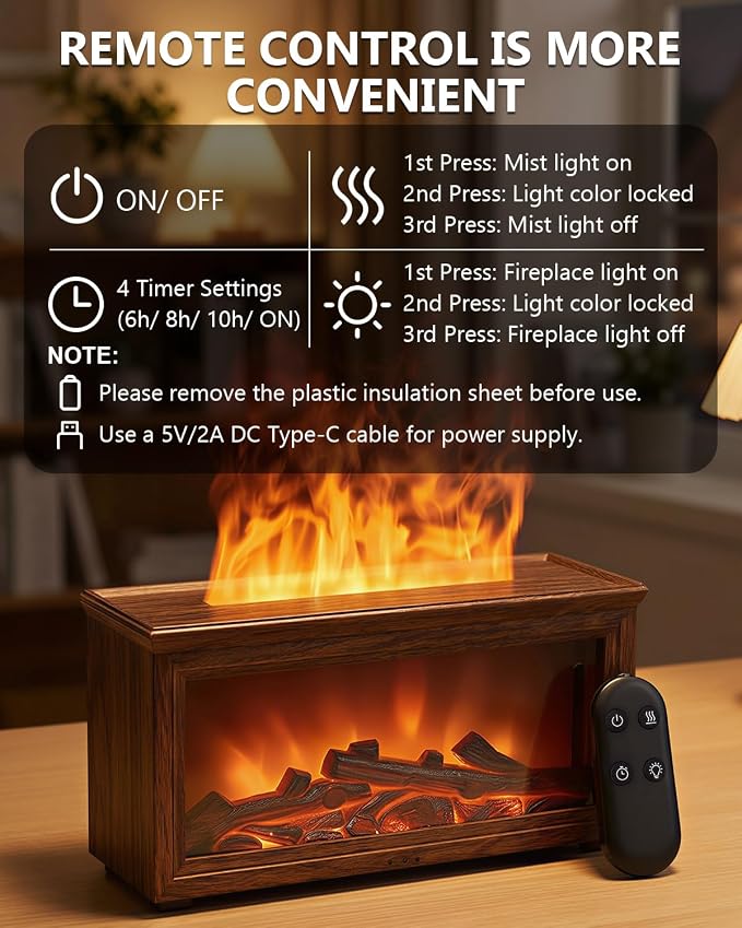 Essential Oil Diffuser, 7-Color Fireplace Fire Flame Aromatherapy Humidifier, 280ml Ultrasonic Aroma Diffuser, Cozy with Time Sets and Remote Control for Bedroom Home Yoga Office