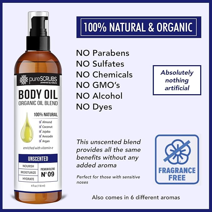 pureSCRUBS Ultra Moisturizing Unscented Body Oil for Dry Skin, Lightweight Full Body Moisturizer for Soft, Silky Skin, Massage & Cuticle Oil, Vitamin E Enriched, 4 oz