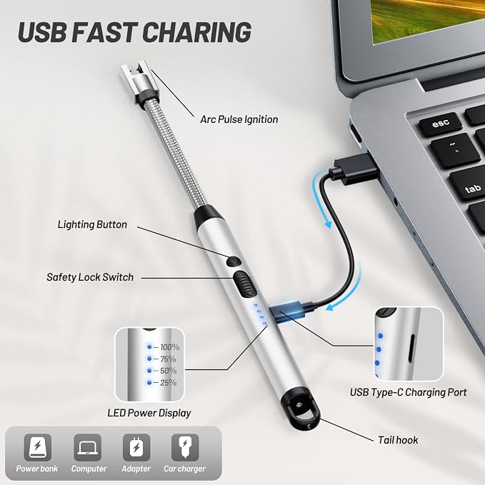 VEHHE Electric Candle Lighter, Plasma Arc Windproof BBQ Lighters with Touch Lock, Electric Lighter USB C Rechargeable with 360° Flexible Neck for Fireworks Camping Festivals (Silver)