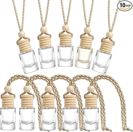 10 Pcs 5ml/0.17oz Hanging Car Air Freshener Bottles, Empty Clear Glass Diffuser Vials with Natural Wood Cap & Adjustable Rope, Refillable Car Perfume Pendant for Aromatherapy Fragrance Home Office