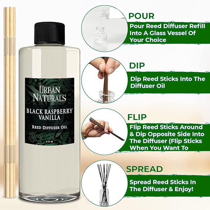 Urban Naturals Reed Diffuser Oil Refill Black Raspberry Vanilla with BlackBerry, Raspberry, Vanilla Orchid, Amber, Sandalwood 8 oz + Free Reed Sticks, Made in the USA