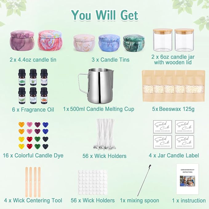 OFUN Candle Making Kit for Adults,Candle Making Supplies with Beewax, Fragrance Oil, Beeswax Dye Blocks, Melting Pot etc DIY Candle Craft Tools for Women Friend Family