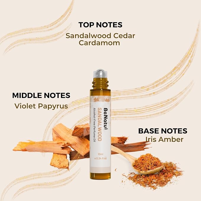 benatu Sandalwood Perfume Oil Roll On for Women and Men, Alcohol Free Eau de Parfum,Travel Size Essential Oil Body Fragrance, Long Lasting, Leather Woody Scent, 10 ml