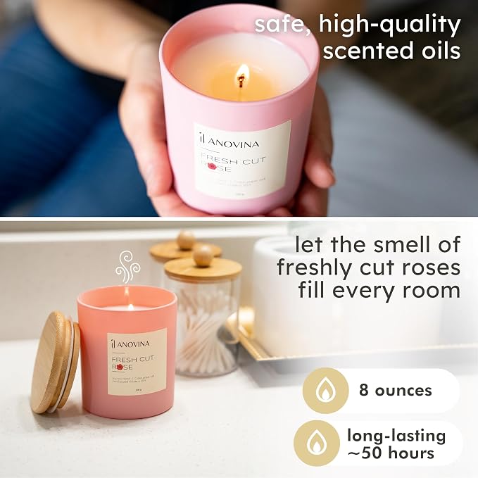 Anovina Rose Scented Candle – Long-Lasting Soy Wax Blend, – Non-Toxic Floral Candle for Home Décor & Relaxation – Aesthetic Gift for Women