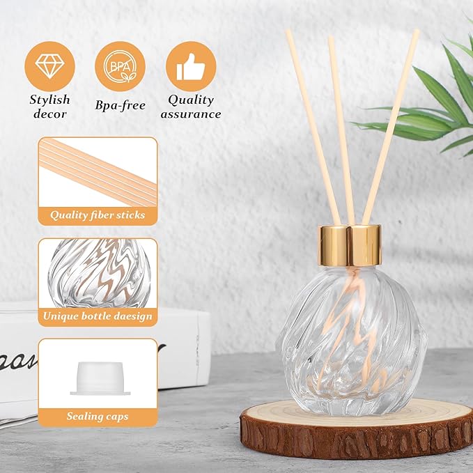 4 Piece Reed Diffuser Set, 3.5-4.2oz Empty Bottles and 20 Reed Sticks, Unique Design for Home and Office