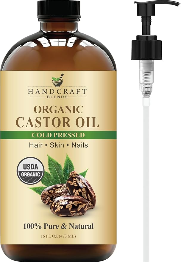 Handcraft Blends Cold-Pressed Organic Castor Oil 16 Fl Oz | Glass Bottle | 100% Pure and Natural | Premium Grade Carrier Oil | Hair, Eyelashes and Eyebrows | Hair and Body