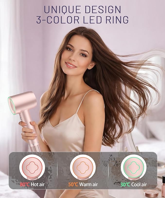 Cosy Companions High-Speed Ionic Hair Dryer, 150000 RPM Brushless Motor for 2-5 Min Fast Drying, Low Noise Blow Dryer Reduces Frizz & Heat Damage, Lightweight Hair Dryer with Diffuser & Nozzle, Pink