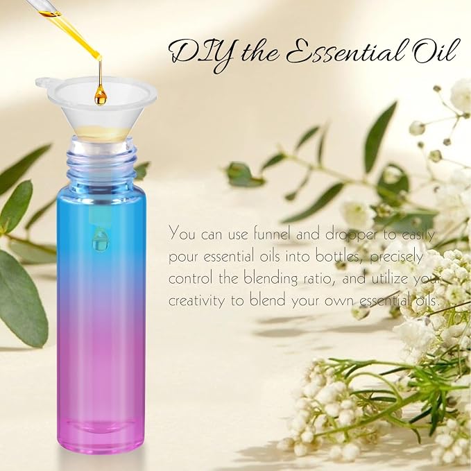 10ML Essential Oil Roller Bottles, 4 Pack Colorful Oil Roller Bottles for Essential Oils, Roll on Bottle with Stainless Steel Balls(4 Labels, Opener, Funnel, Dropper Included)