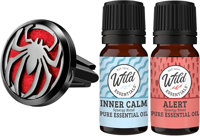 Wild Essentials Black Chrome Spider Essential Oil Car Vent Diffuser Kit – 316L Stainless Steel Locket, Rubber-Coated 4-Way Clip, 8 Color Pads (22mm), 25mm – Includes Alert & Inner Calm (2 x 10ml)