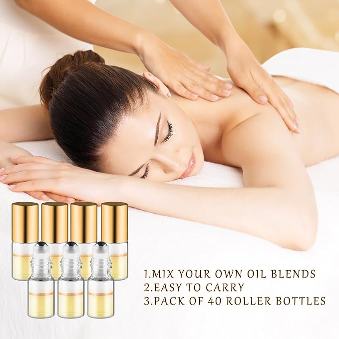 40 Pcs Essential Oils Roller Bottles Small Refillable Glass Perfume Bottles Sample Vials with Roller Balls & Gold Lids for Travel Cosmetic - 3ml