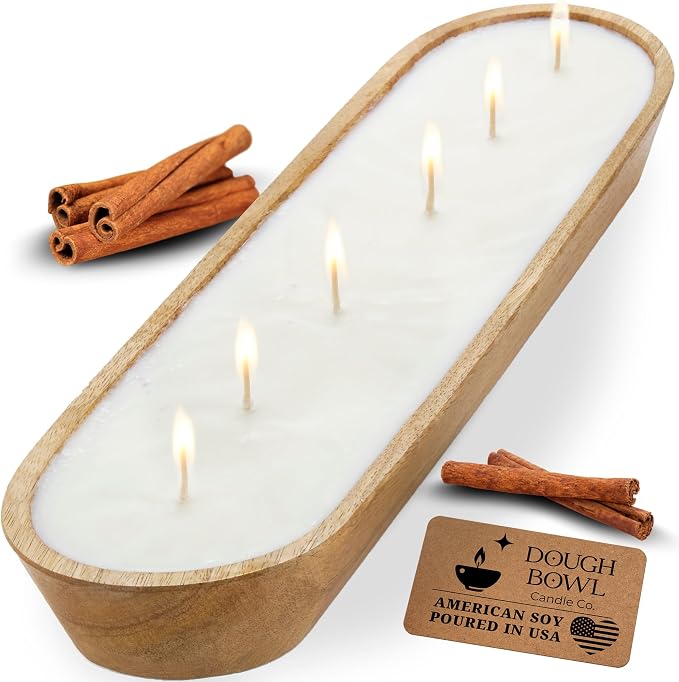 Dough Bowl Candle Co. Warm Cinnamon Buns Soy Candle - 6 Wick Rustic Farmhouse Coffee Table Decor, Odor Eliminator in Wooden Bowls, 32 Oz Wooden Dough Bowl Candle, All-Natural Gifts for Women and Men