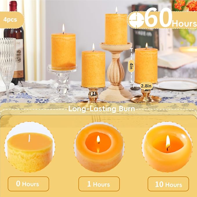 Orange Lemongrass Scented Pillar Candles 4 Pack, 60 Hours Long Lasting Burn Natural Essential Oils,2.8 x 4 in - Fresh Citrus Scent for Outdoor Patio & Home Refresh,Natural Repellent Vibes& Home Spa